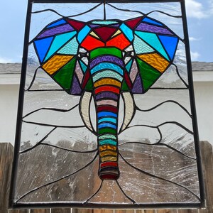 Rainbow Elephant stained glass Panel- 98 pcs- 13” x 16” framed panel- hangers/chain included- Free Shipping-Ready to Ship