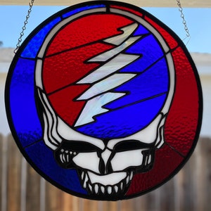 Stained Glass &quot;Stealie&quot; Dead Art-Handcrafted  16&quot; Panel-Hangers-chain included-Free ship