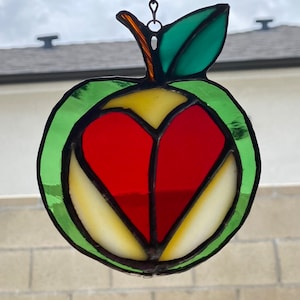 Stained Glass Heart in Red or Green Apple Suncatcher - Approx 5&quot; round - Graduation- Teacher Appreciation-Moms Day Gift- FREE SHIPPING