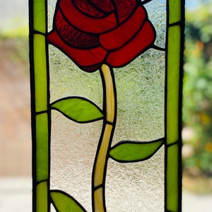 Rose panel of Stained Glass- Cherry Red - 8&quot; wide by 19&quot; high - 53 pieces- Frame with attached hangers & chain- FREE SHIPPING