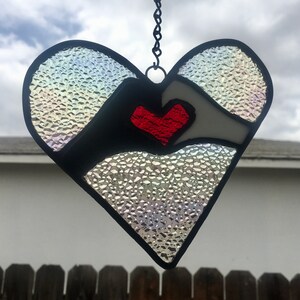 Black-White-Rainbow Stained glass Hands form Heart within a Heart- Measures Approx 6&quot;- Lead came frame & Hangers included- FREE SHIPPING