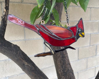 Cardinal stained glass suncatcher- 5.5" H x 7.5" W- Hanger/chain included-Free shipping