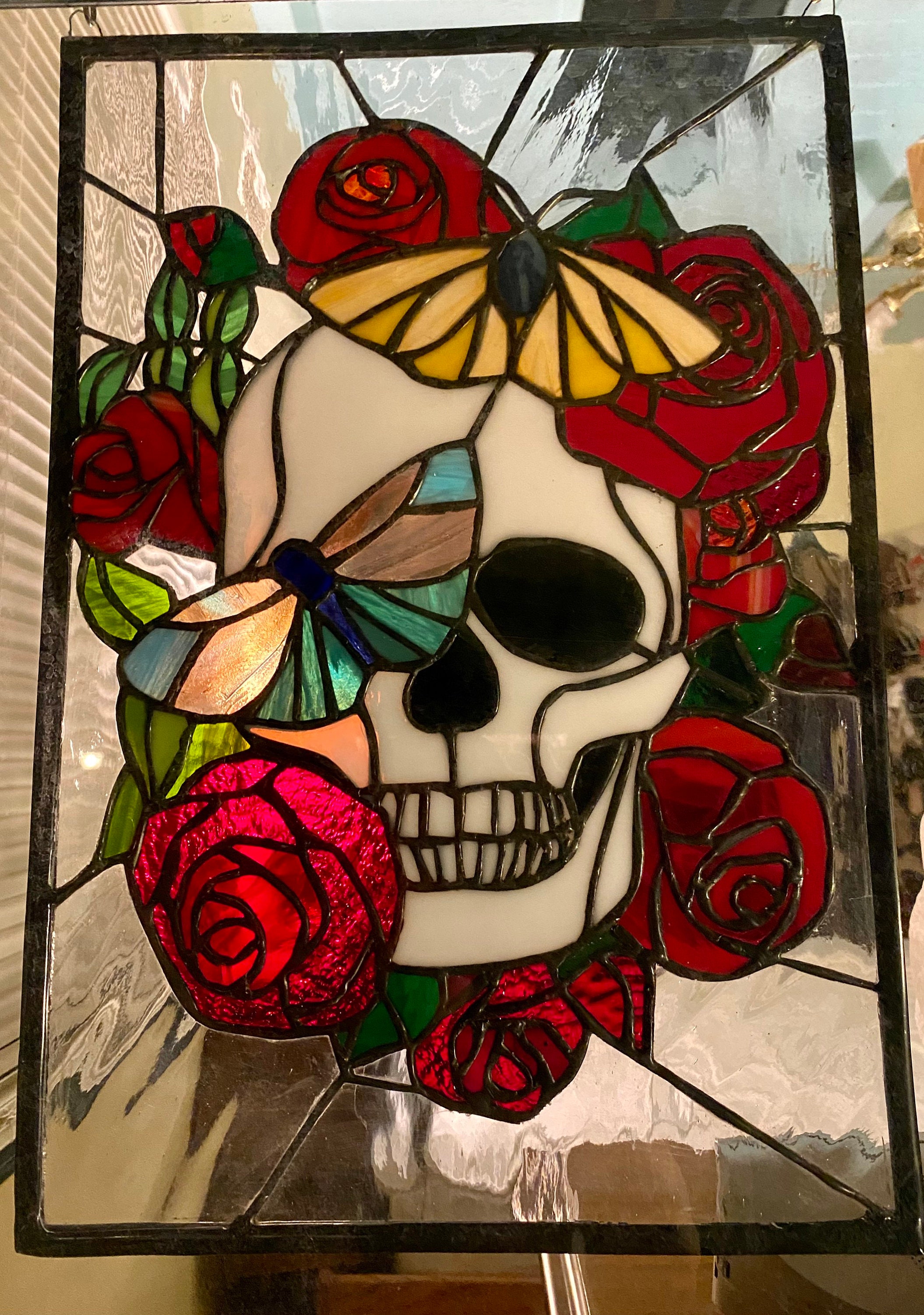 Skull and Roses Stained Glass Panel 12 X 18 Framed 196 Pieces Hangers &  Chain Included Free Shipping 