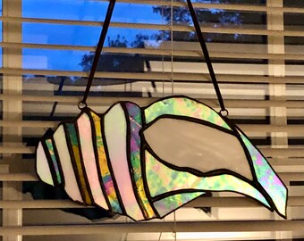 Conch Shell stained glass sun catcher. 4”x9” Handcrafted. Opalescent and Iridescent glass. Hangers, cord included- FREE SHIPPING