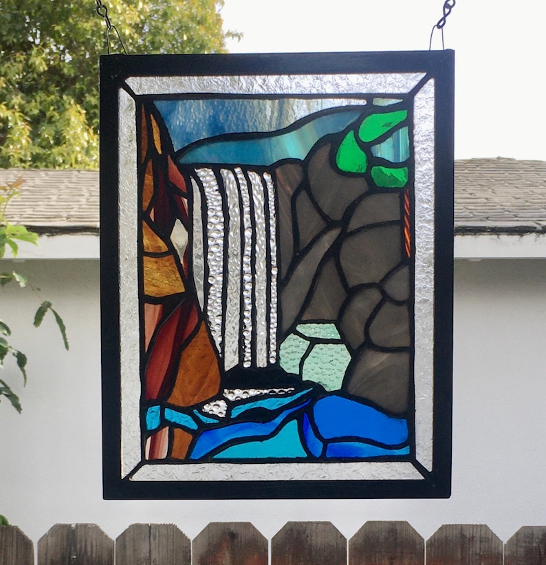 Waterfall Stained Glass Panel 9x11 Zinc Frame Etsy