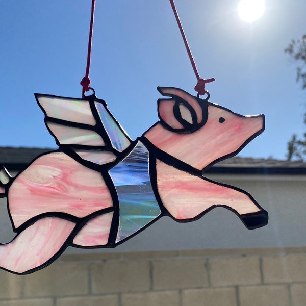 Flying Pig Suncatcher in Stained Glass- Approx 4" x 6" - Pink and White Iridescent -Handcrafted- Hangers Included