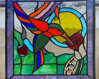 Hummingbird stained glass panel - 12” square - 88 pieces-Came frame-Hangers-Chain FREE SHIPPING