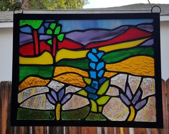 Meadow in Bloom-Stained Glass Panel-framed- 8 1/2" x 11" - FREE SHIPPING