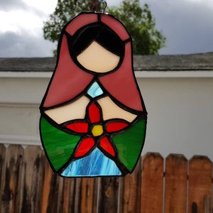 Russian Nesting Doll in Stained Glass Suncatcher - Approx 4&quot; x 6&quot; - Hanger & Cord incuded - Free Shipping
