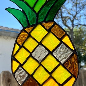 Pineapple Stained Glass Suncatcher- Approx. 8.5&quot; x 5&quot; - Hanger attached - FREE SHIPPING