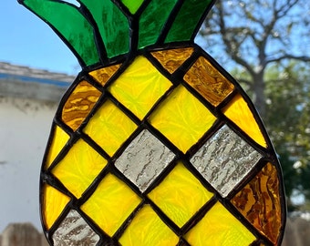 Pineapple Stained Glass Suncatcher- Approx. 8.5" x 5" - Hanger attached - FREE SHIPPING