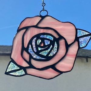 Pink Rose Iridescent Stained Glass Ornament/Suncatcher 5&quot;x7&quot; hanger-cord included FREE SHIPPING-Ready to Ship