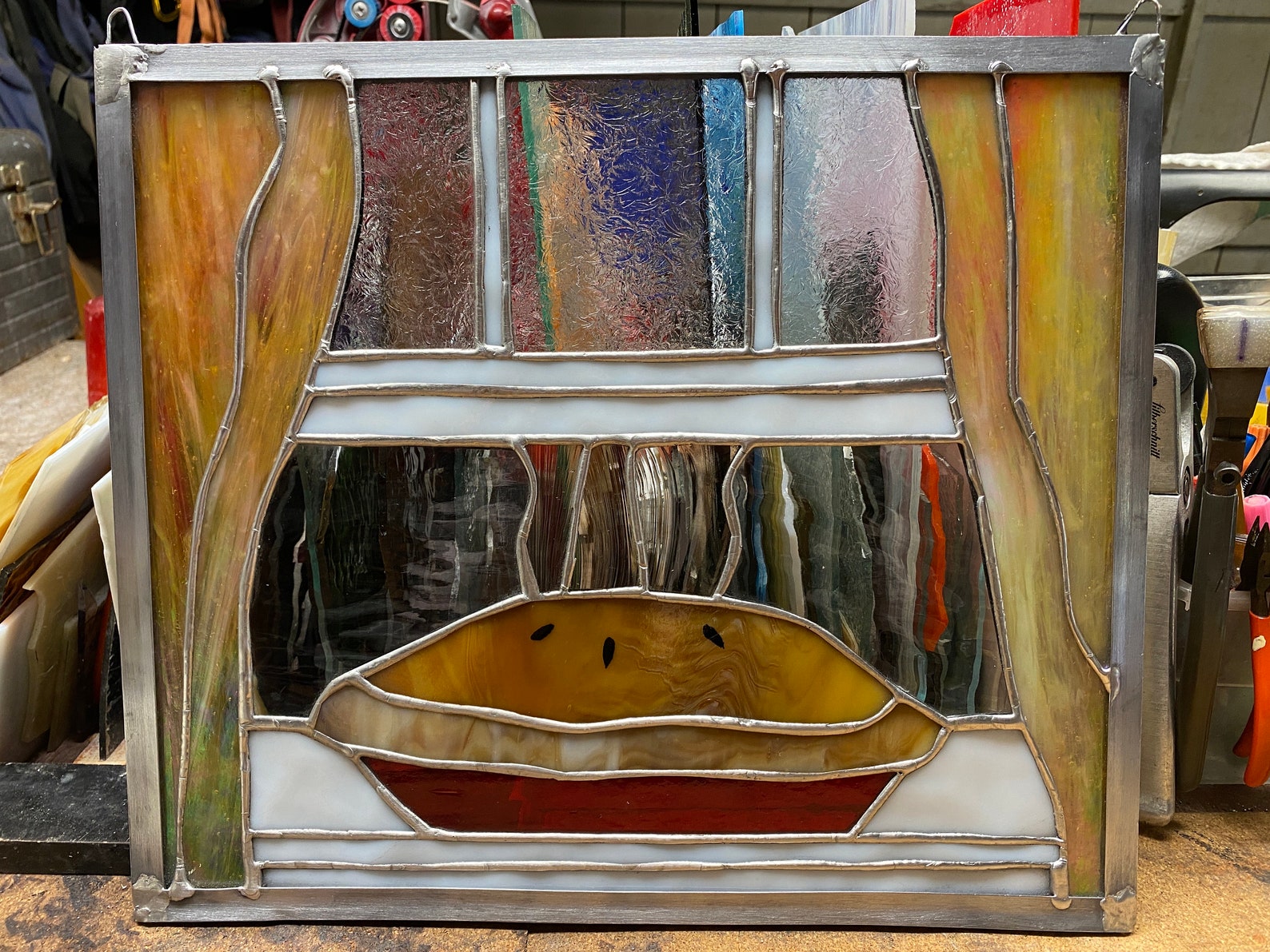 Pie Window Pie on Windowsill Stained Glass Panel - Farmhouse Window Art (12