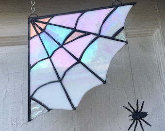Spider Web Stained glass corner panel for windows or doorways - 7" x 7"- Brass frame, Hangers & Fake Spider included. FREE SHIPPING