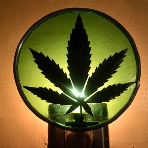 Pot Leaf Stained glass Nightlight -Approx 4 1/2&quot; Diam. Base and 4 watt bulb included - FREE SHIPPING-Ready to Ship-Cannabis/Marijuana gift
