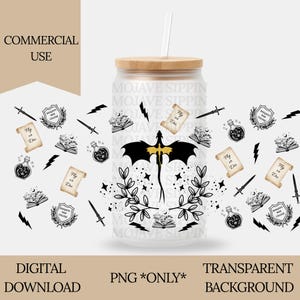 May include: A glass tumbler with a bamboo lid and straw, featuring a black dragon design with gold accents. The design includes scrolls, books, swords, and lightning bolts. The words "Fly or Die" are visible on the scrolls. The words "Digital Download" and "Transparent Background" are also visible.