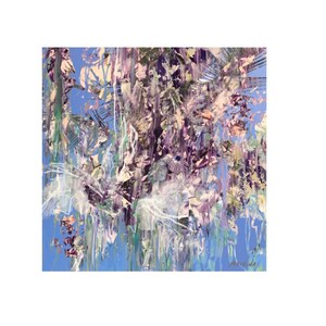 May include: Abstract painting with a blue background and a variety of colors, including purple, green, and white. The painting has a textured, layered look, with brushstrokes visible throughout.