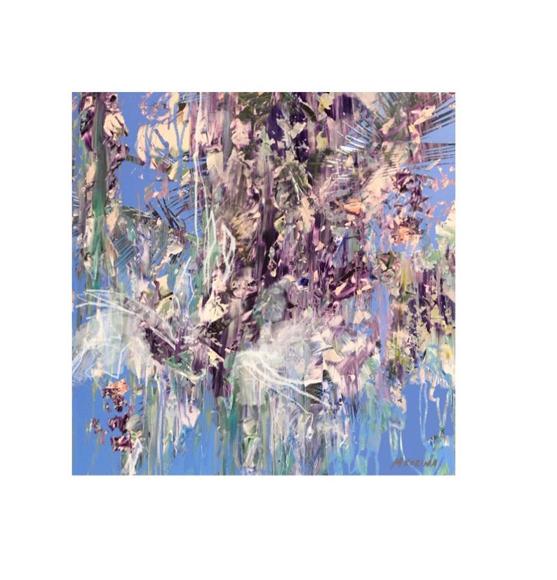 May include: Abstract painting with a blue background and a variety of colors, including purple, green, and white. The painting has a textured, layered look, with brushstrokes visible throughout.