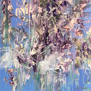May include: Abstract painting with a blue background and a variety of colors, including purple, green, and white. The painting has a textured look and appears to be made with brushstrokes.
