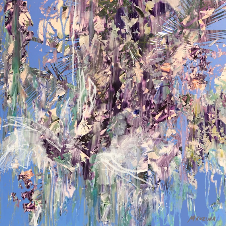 May include: Abstract painting with a blue background and a variety of colors, including purple, green, and white. The painting has a textured look and appears to be made with brushstrokes.