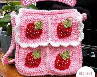 Strawberry Granny Square Crochet Bag Pattern: Kawaii Cottagecore Shoulder Bag (PDF File)