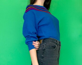 Vintage 80s Blue Striped Geometric Cropped Long Sleeve Sweater Size Small
