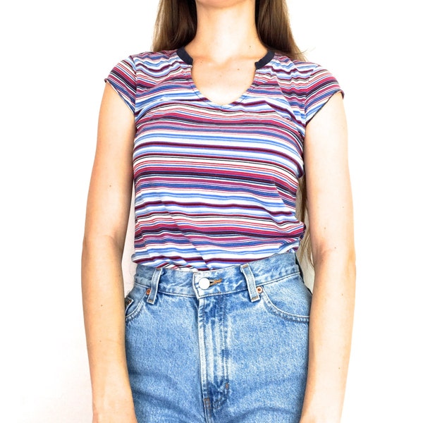 90s Tommy Hilfiger Red White and Blue Striped Short Sleeve T-Shirt
