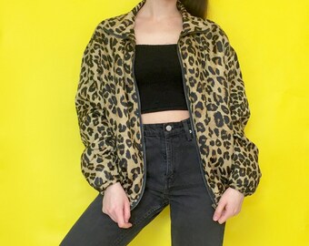 Vintage 80s 90s Gold Cheetah Leopard Print Puffy Windbreaker Jacket