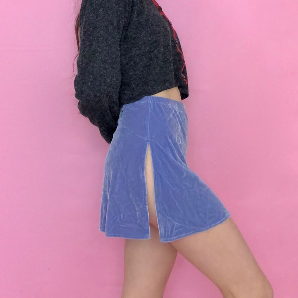 Vintage 90s Y2k 2000s Purple Velvet High Waisted High Slit Mini Skirt