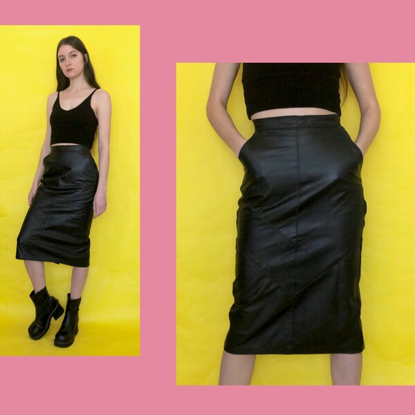 Vintage 90s Black Leather High Waisted Knee Length Pencil Skirt