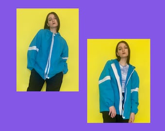 Vintage 90s Y2k 2000s Blue and White Striped Oversized Hoodie Jacket