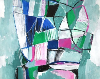 Pintura abstracta sobre papel, Arte original, "Deep End", 18" x 24", acrílico sobre papel.