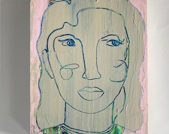May include: A painting of a person's face with blue lines on a light green background. The background is a light pink color.
