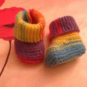 Funky hand knitted baby booties, turn down cuff. Boy or girl Your choice of colour. Rainbow. Birth to 9 mths. Baby shower. 1-3 days shipping