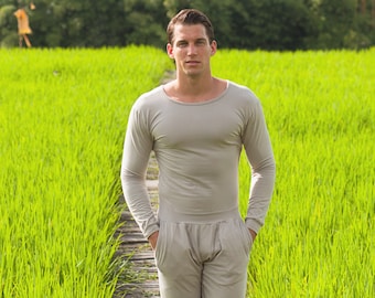 MOSCOW Beige Long Sleeves - Men Yoga Jumpsuit, Stretchy, Comfortable, Activewear for Men, Sand, Unique, Handmade, Sportswear