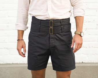 LONDON Black - High Waisted Shorts, Double Belt, Shorts, Men, Boyfriend shorts, Unisex, High Waist