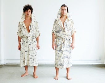 CAIRO Linen Bath Robe with black Print, Linen Bathrobe, Linen Bath Robe, Berlin, Berlin Fashion