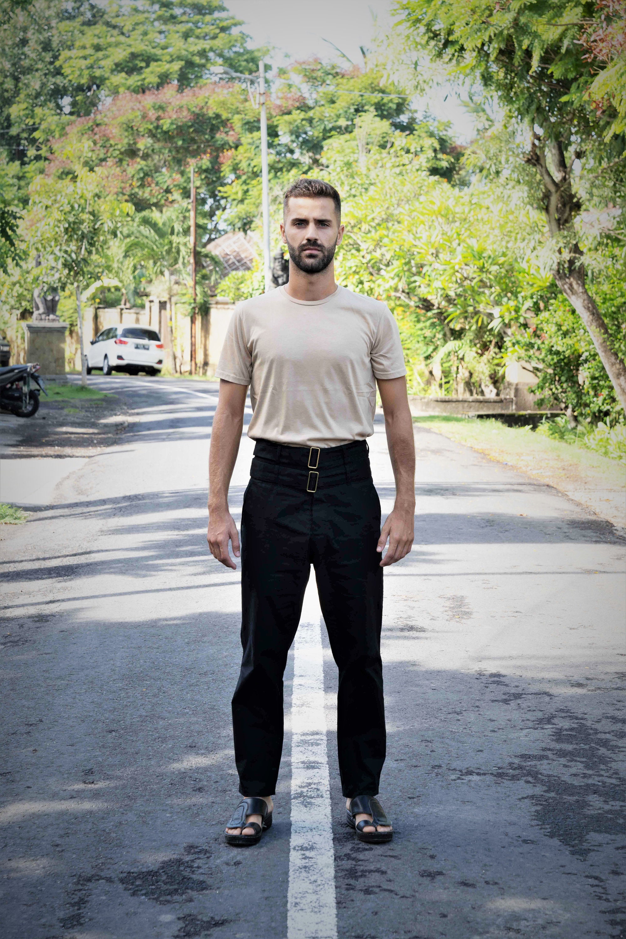 LONDON - Black High Waisted Cotton Pants - Double Belt - Men - Etsy display picture 1