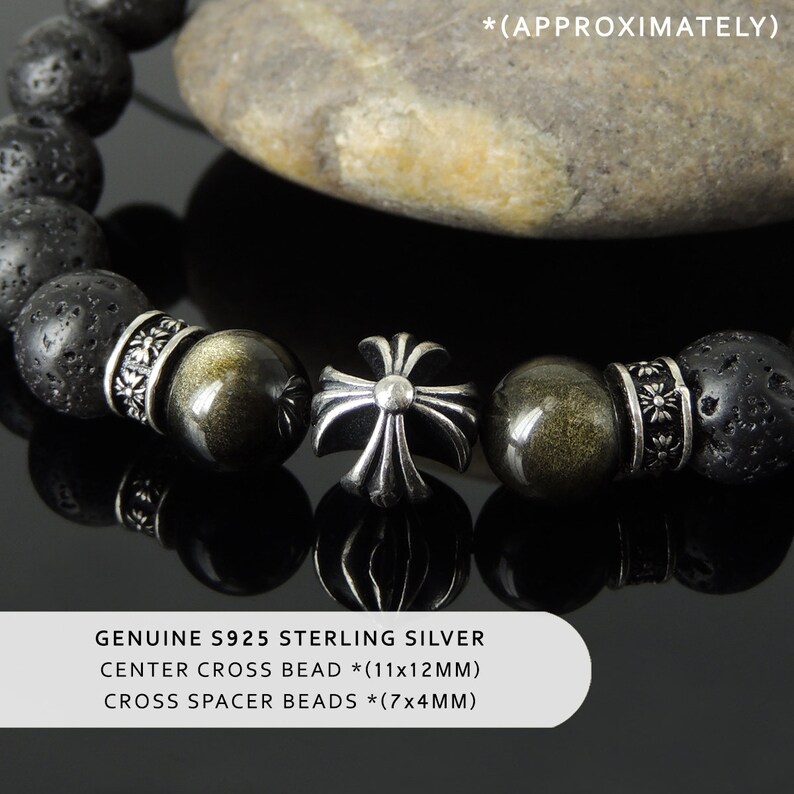Adjustable Braided Healing Cross Bracelet Pattern Design Natural Lava Rock Golden Obsidian 10mm Protection Stone Genuine 925 Sterling Silver
