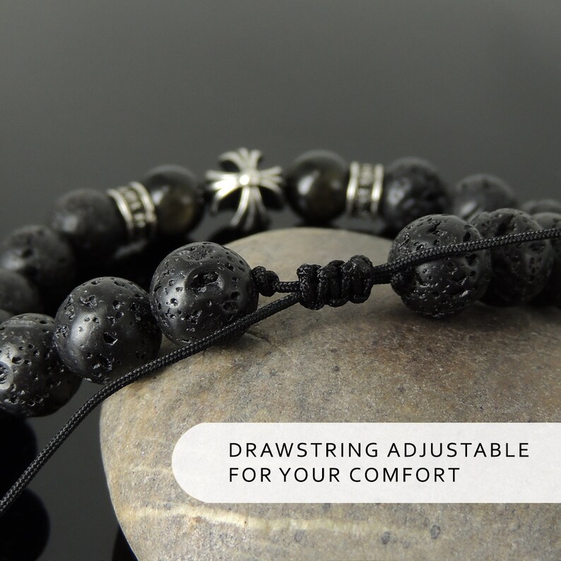 Adjustable Braided Healing Cross Bracelet Pattern Design Natural Lava Rock Golden Obsidian 10mm Protection Stone Genuine 925 Sterling Silver