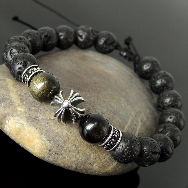 Adjustable Braided Healing Cross Bracelet Pattern Design Natural Lava Rock Golden Obsidian 10mm Protection Stone Genuine 925 Sterling Silver