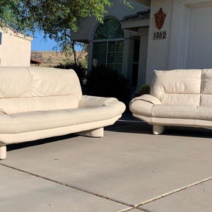 Postmodern Natuzzi Leather Cream Sofa and Love Seat in the Style of Nicoletti Salotti 1980&#39;s