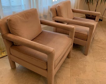 Pair Milo Baughman Parsons Style Chairs, Brush Velour Mauve, 1970s Postmodern Lounge