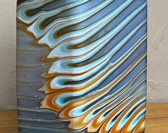Vintage Blue, Orange, & Earth Tone Rectangular Vase – Azerbaijan Art Glass Vase, circa 1980