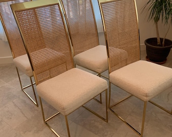 Milo Baughman Thayer Coggin Four Brass Cane High Back Dining Chairs, circa 1980s