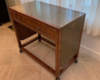 Mastercraft Drop Leaf Textured Brass Top Burl Wood Rolling Cart Bar, circa  1970"s
