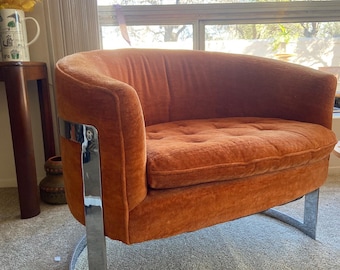 Mid Century Modern Floating Orange Chrome “Barrel” Chair Attributed to Milo Baughman
