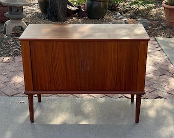 Mid Century Danish Tambour Door Jr. Credenza / Vinyl Record Storage Cabinet, Circa 1960's
