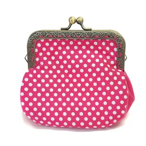 Pink and white polka dots vintage coin purse by Loli. Antique brass metal frame. Rockabilly. Rétro. Tiny handbag. Girl gift. Prom clutch image 1