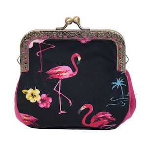 Porte-monnaie de style vintage noir imprimé flamant rose. Loli. Fermoir en métal bronze antique. Rockabilly. Rétro. Mini bourse. Porte carte